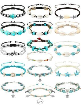 Handmade 16 Pcs Sea Boho Ankle Bracelets, Starfish & Shell Jewelry for Summer